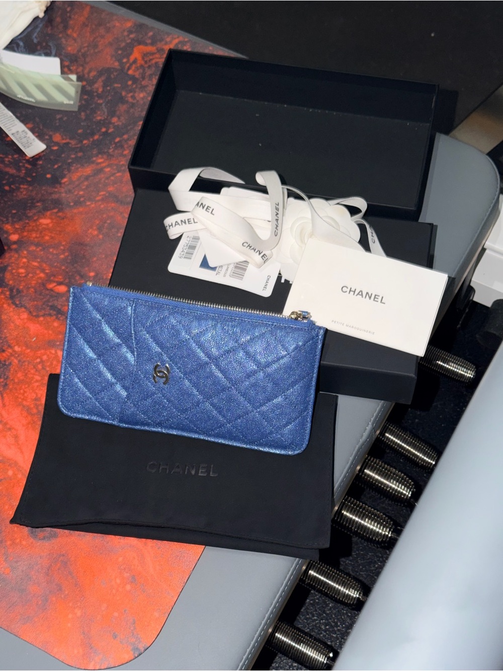 CHANEL Quilted Metallic Blue Zip Card Holder Wallet